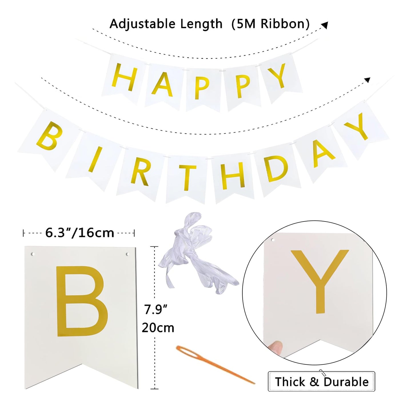 Imtively Happy Birthday Banner – White & Gold Decor, Dovetail Cards, 5m Ribbon, Easy Assembly
