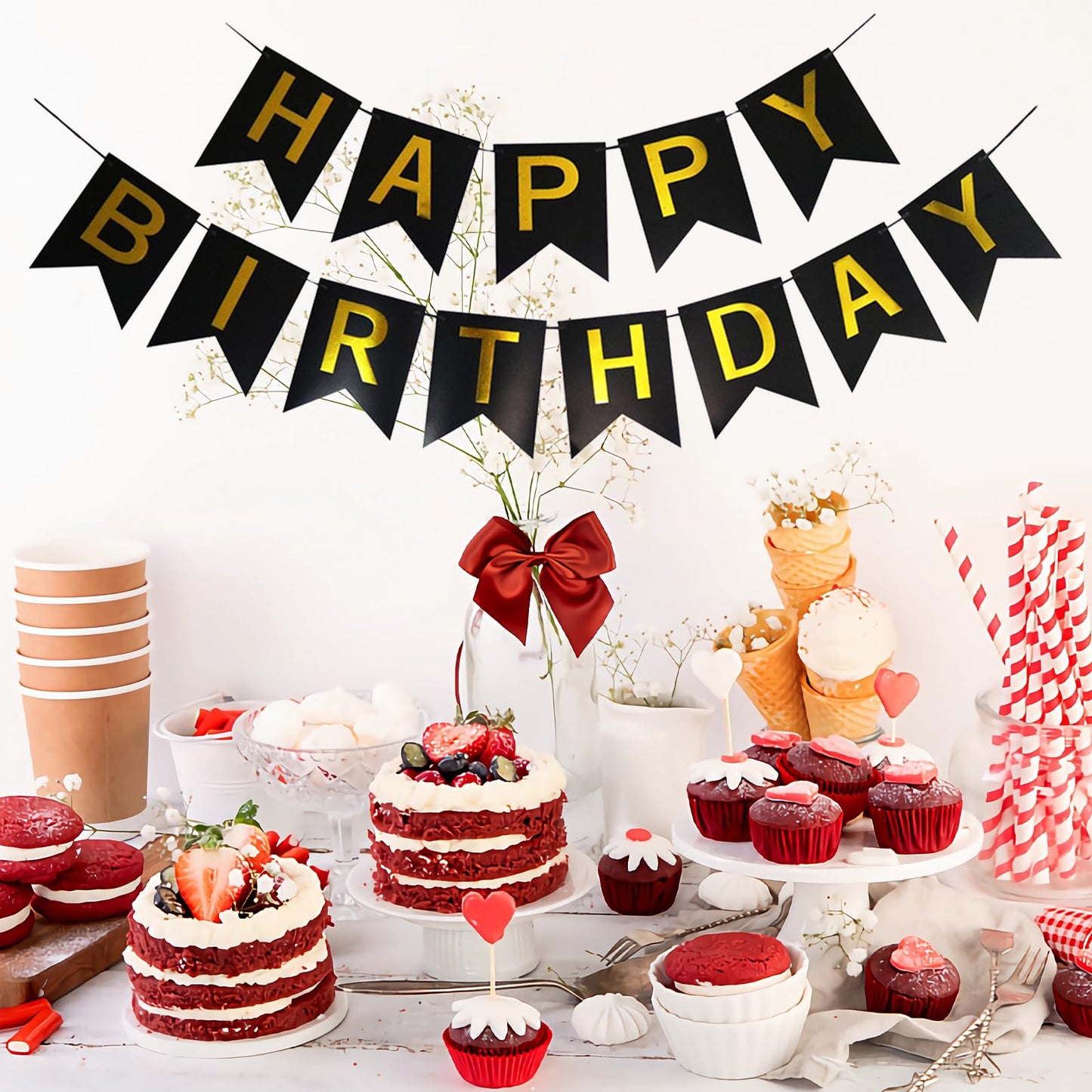 Imtively Happy Birthday Banner - Black and Gold Backdrop Decor for Parties