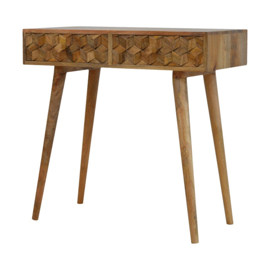 Cube Carved Console Table | Oak Solid Mango Wood Hand-Carved