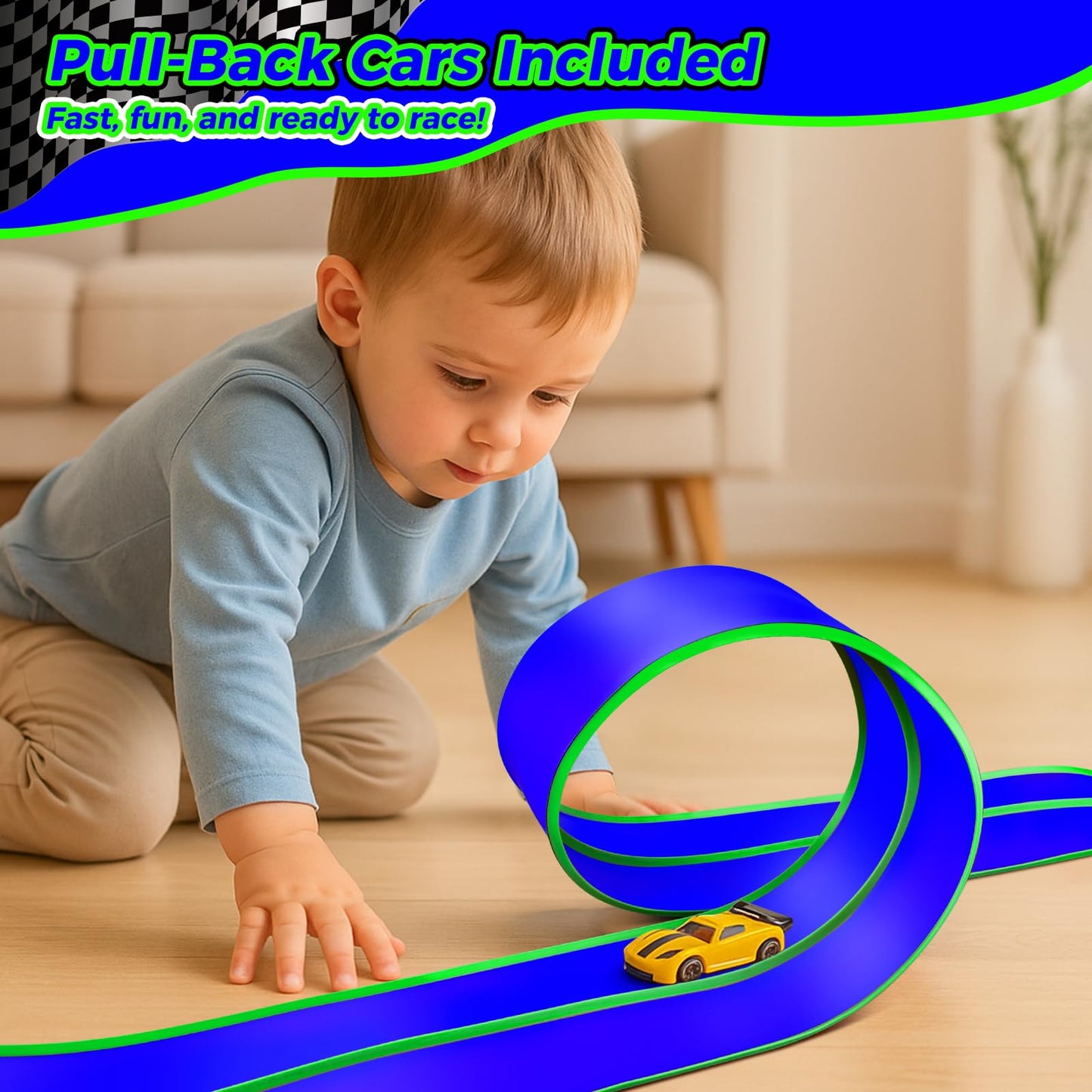 Inawenxlg 15ft Flexible Race Track – Bendable DIY Track with 2 Cars and 3 Suction Cups