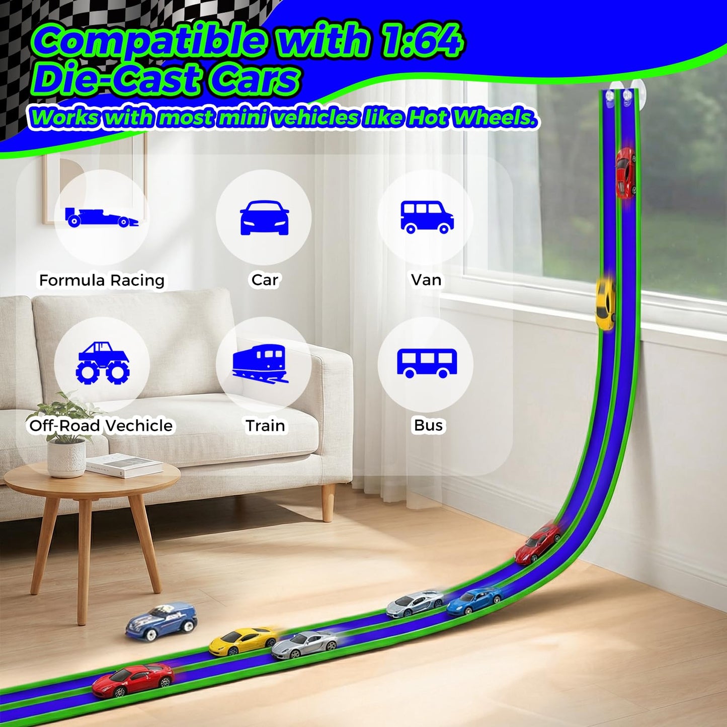 Inawenxlg 15ft Flexible Race Track – Bendable DIY Track with 2 Cars and 3 Suction Cups