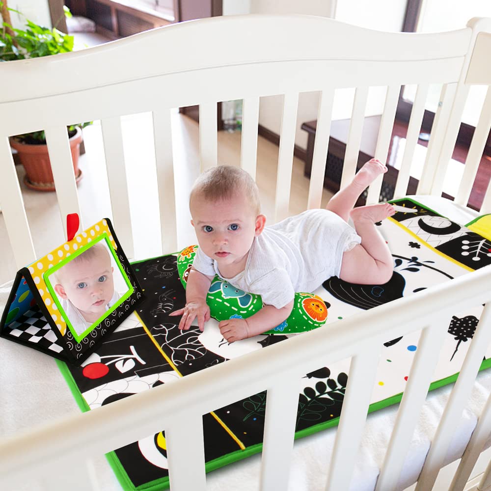 Inbeby Tummy Time Mirror & Play Mat 3-in-1 | High-Contrast Baby Toys