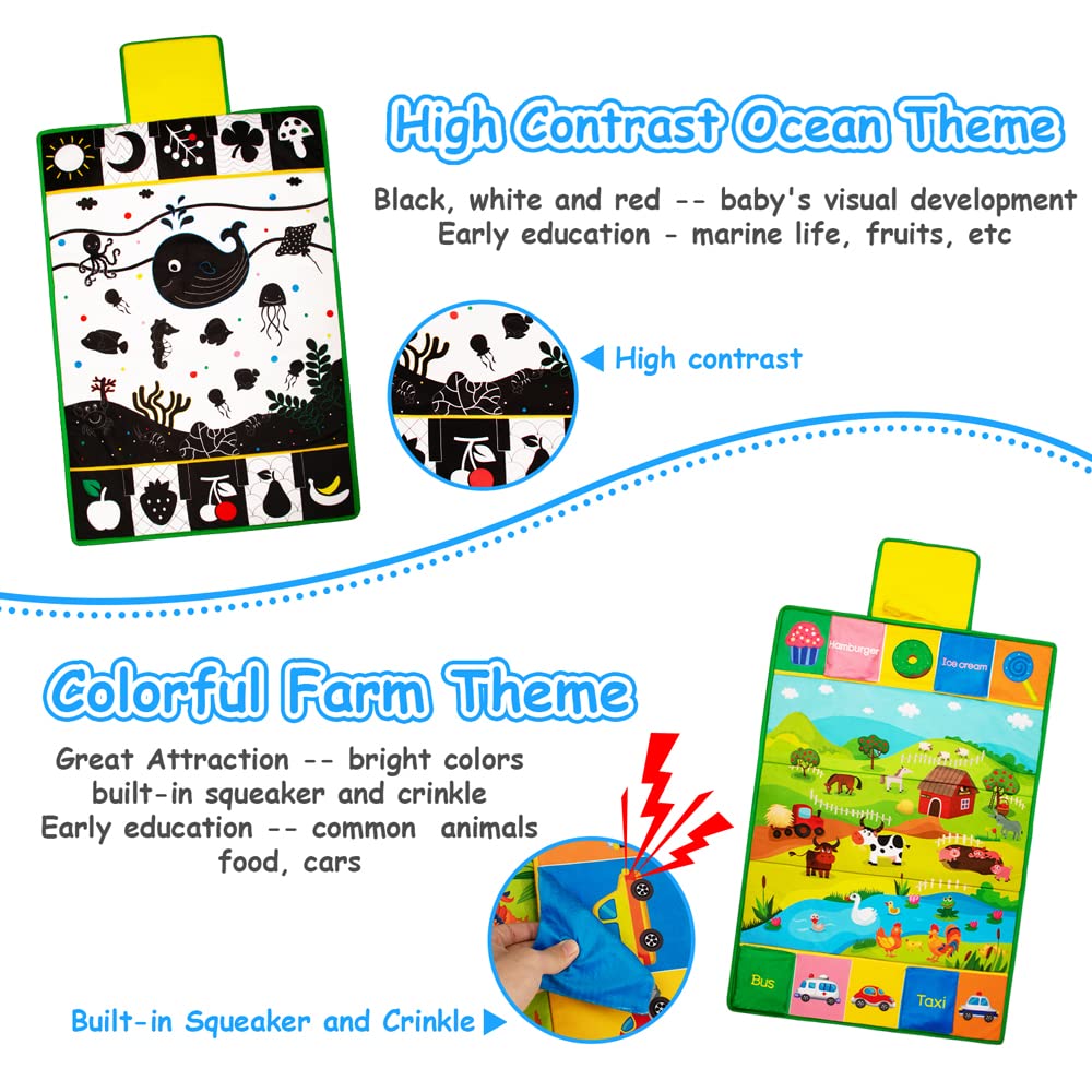 Inbeby Tummy Time Mirror & Play Mat 3-in-1 | High-Contrast Baby Toys