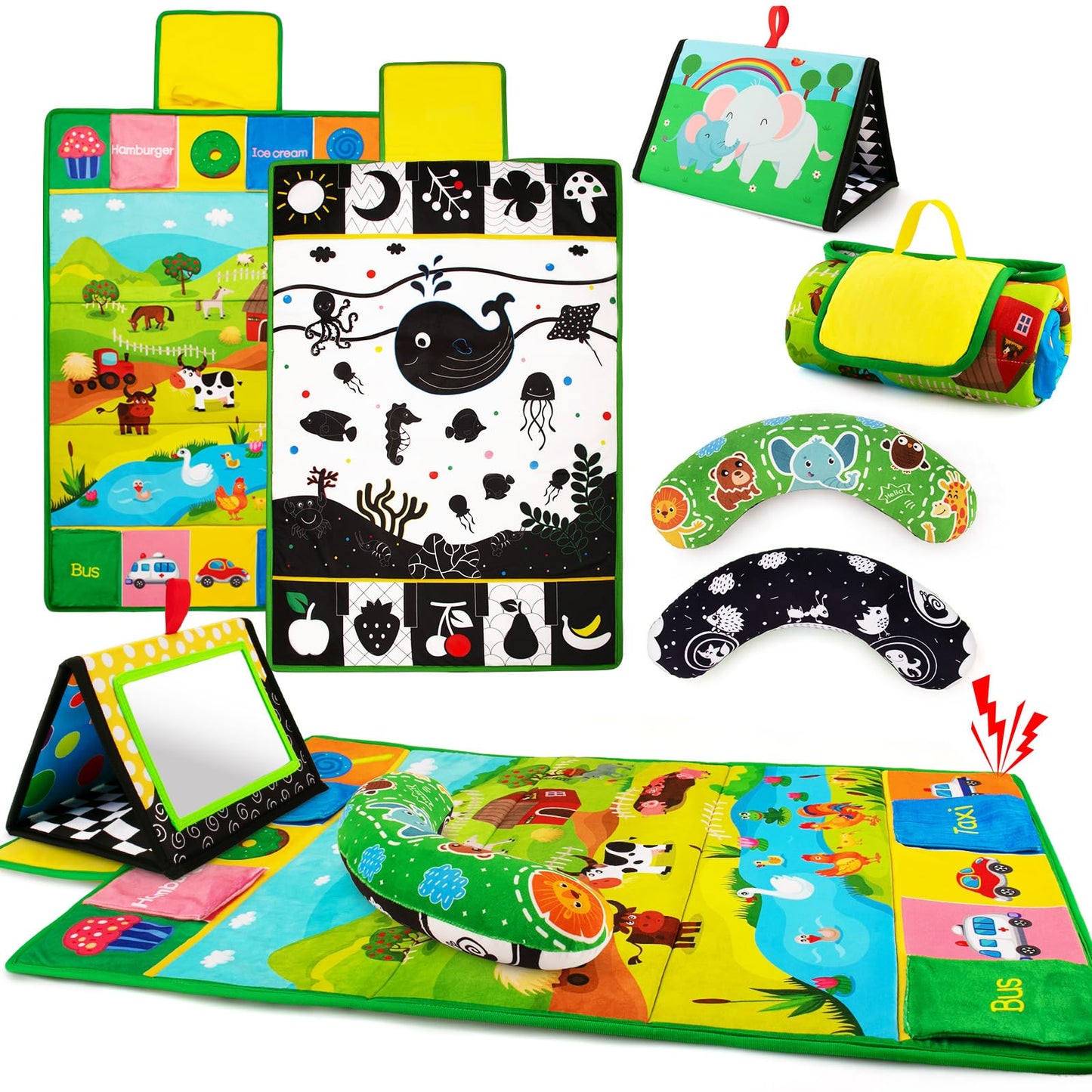 Inbeby Tummy Time Mirror & Play Mat 3-in-1 | High-Contrast Baby Toys