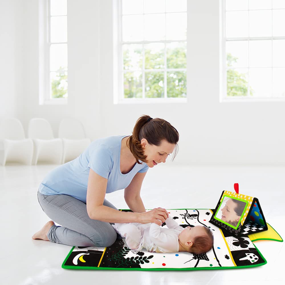Inbeby Tummy Time Mirror & Play Mat 3-in-1 | High-Contrast Baby Toys