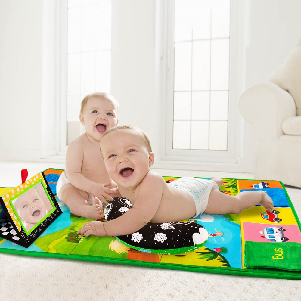 Inbeby Tummy Time Mirror & Play Mat 3-in-1 | High-Contrast Baby Toys