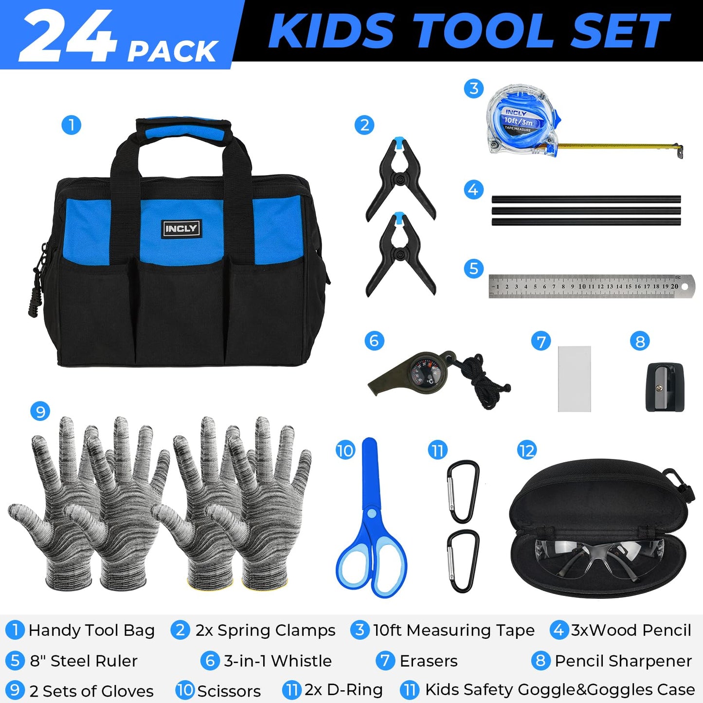 INCLY 24-Pcs Kids Real Tool Set with Tool Bag – Real-World DIY for Kids