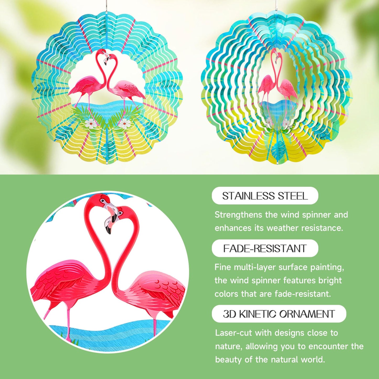 INCROYDAY Flamingo Wind Spinner – 12-Inch Outdoor 3D Metal Garden Decor, Stainless Steel