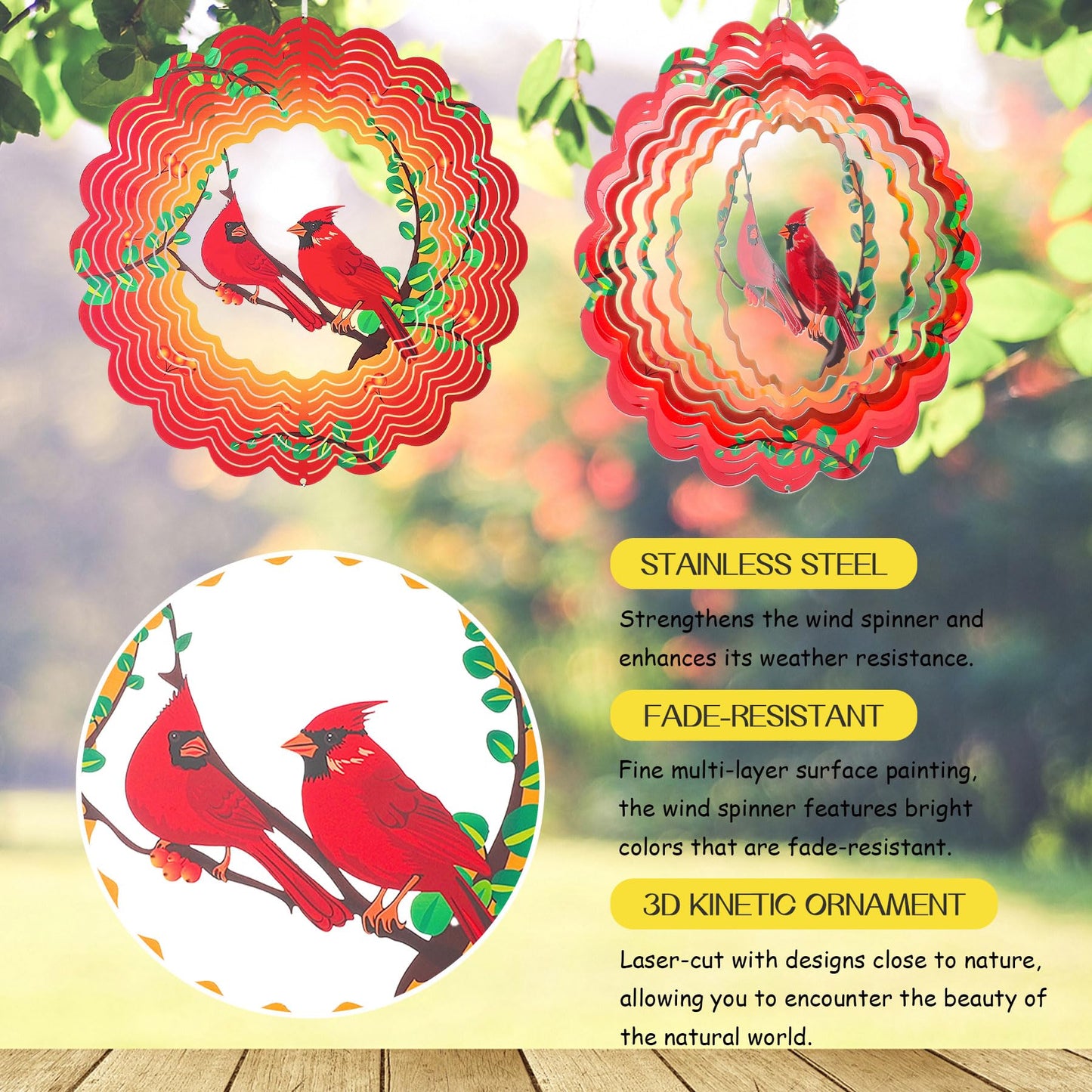 INCROYDAY Cardinal 12-Inch 3D Stainless Wind Spinner – Outdoor Garden Decor