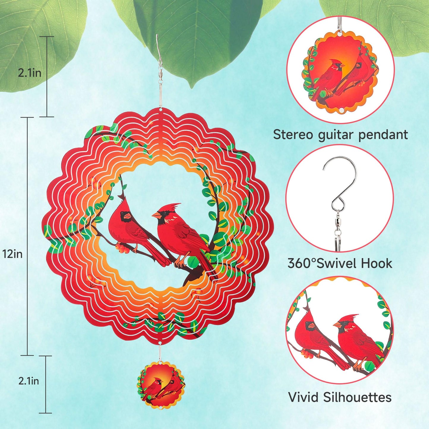 INCROYDAY Cardinal 12-Inch 3D Stainless Wind Spinner – Outdoor Garden Decor