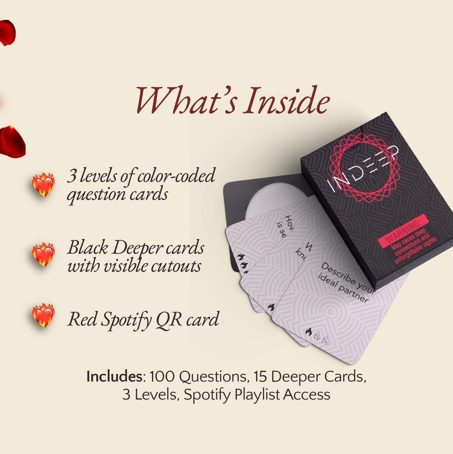 INDEEP Couples Game — 100 Prompts, 15 Deeper Cards, 3 Levels for Date Night