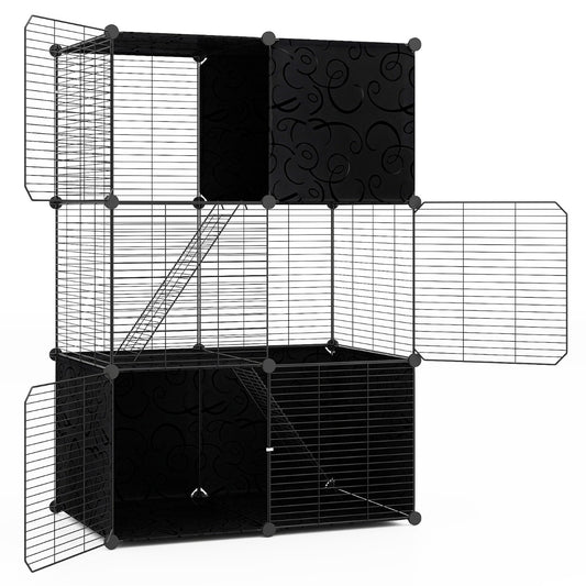 3-Tier Indoor Metal Wire Kitten Enclosure with 2 Ramps and Pet Pen-Black