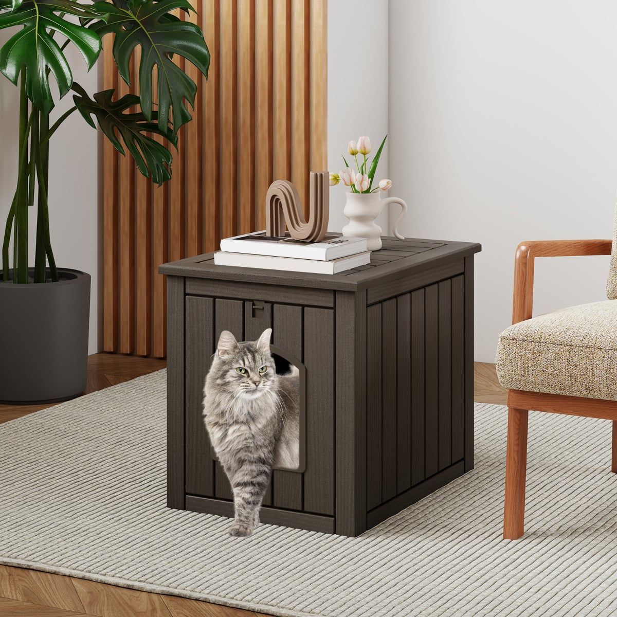 Indoor Outdoor Cat House with Flip Front Door and Raised Floor-Black