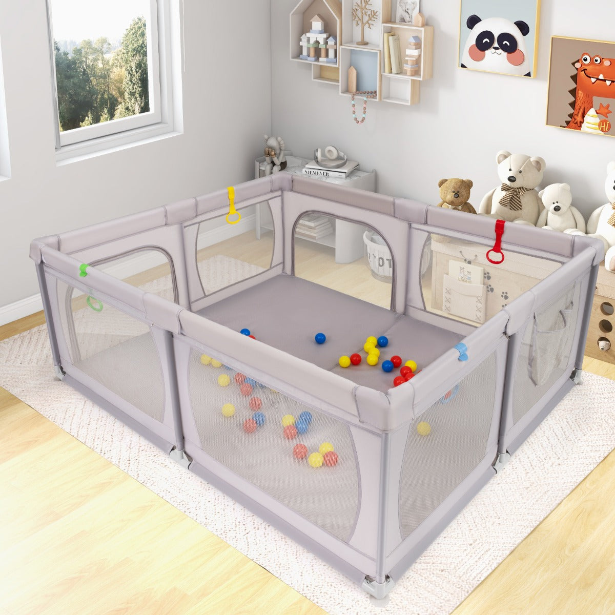 Indoor Safety Play Fence Infant Activity Center with 50 Ocean Balls-Dark Grey