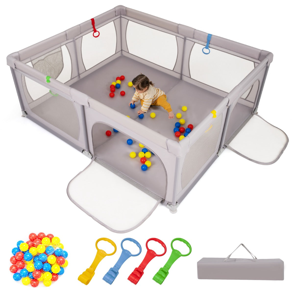 Indoor Safety Play Fence Infant Activity Center with 50 Ocean Balls-Dark Grey