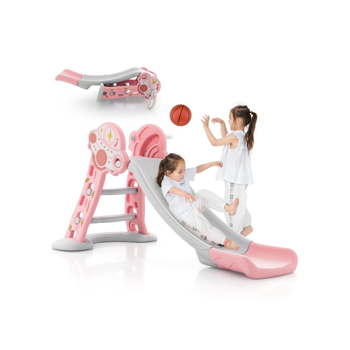 3-in-1 Indoor Slide with Basketball Hoop & Small Basketball for Kids-Blue