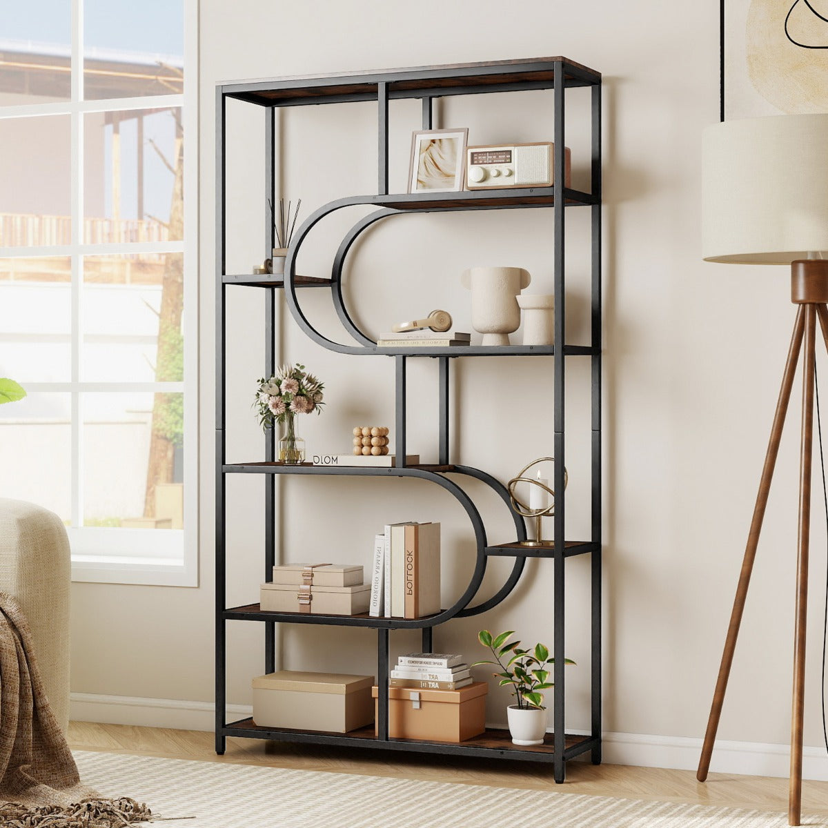 Industrial Etagere Bookcase with Open Storage Shelves and Metal Frame-Natural
