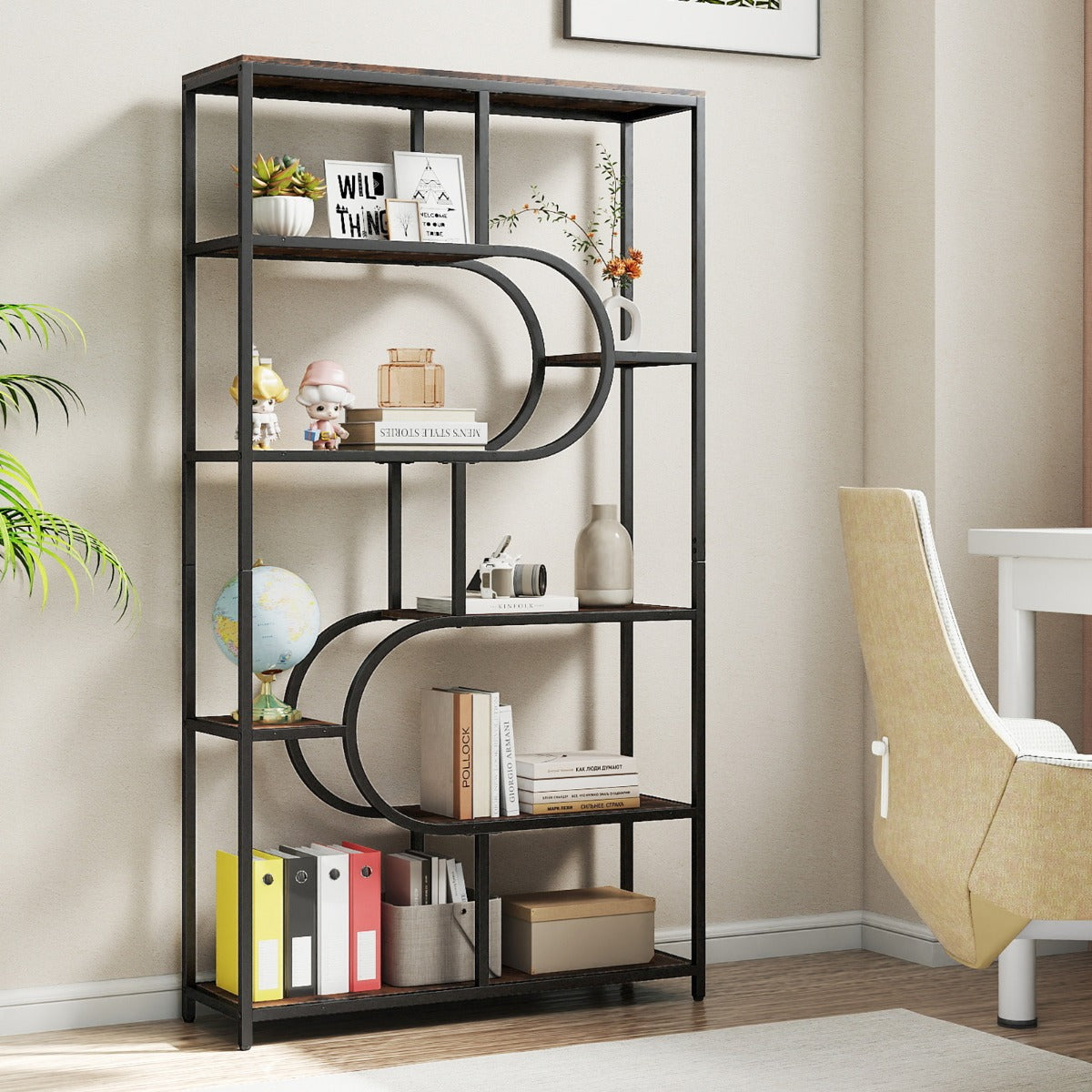 Industrial Etagere Bookcase with Open Storage Shelves and Metal Frame-Natural