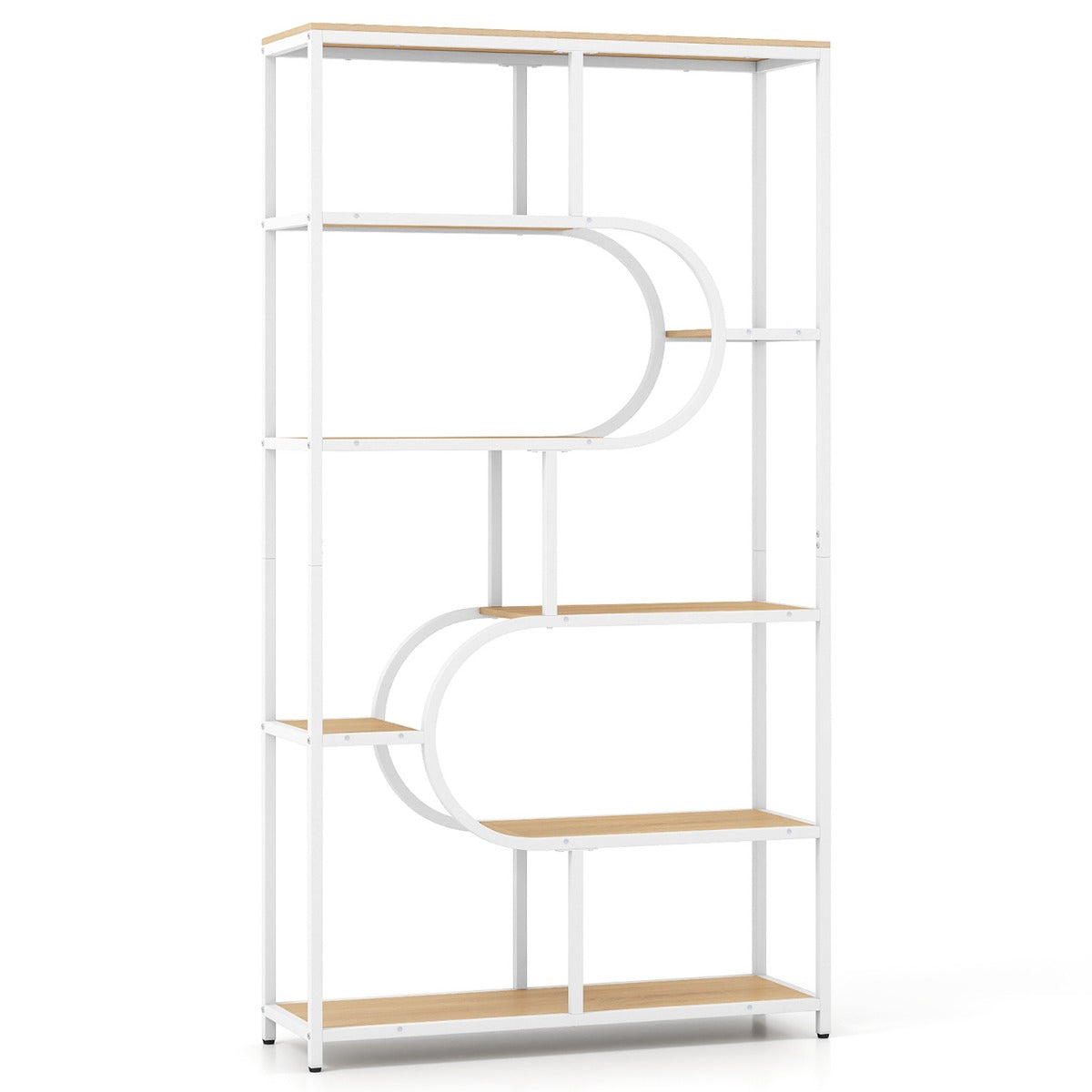 Industrial Etagere Bookcase with Open Storage Shelves and Metal Frame-Natural