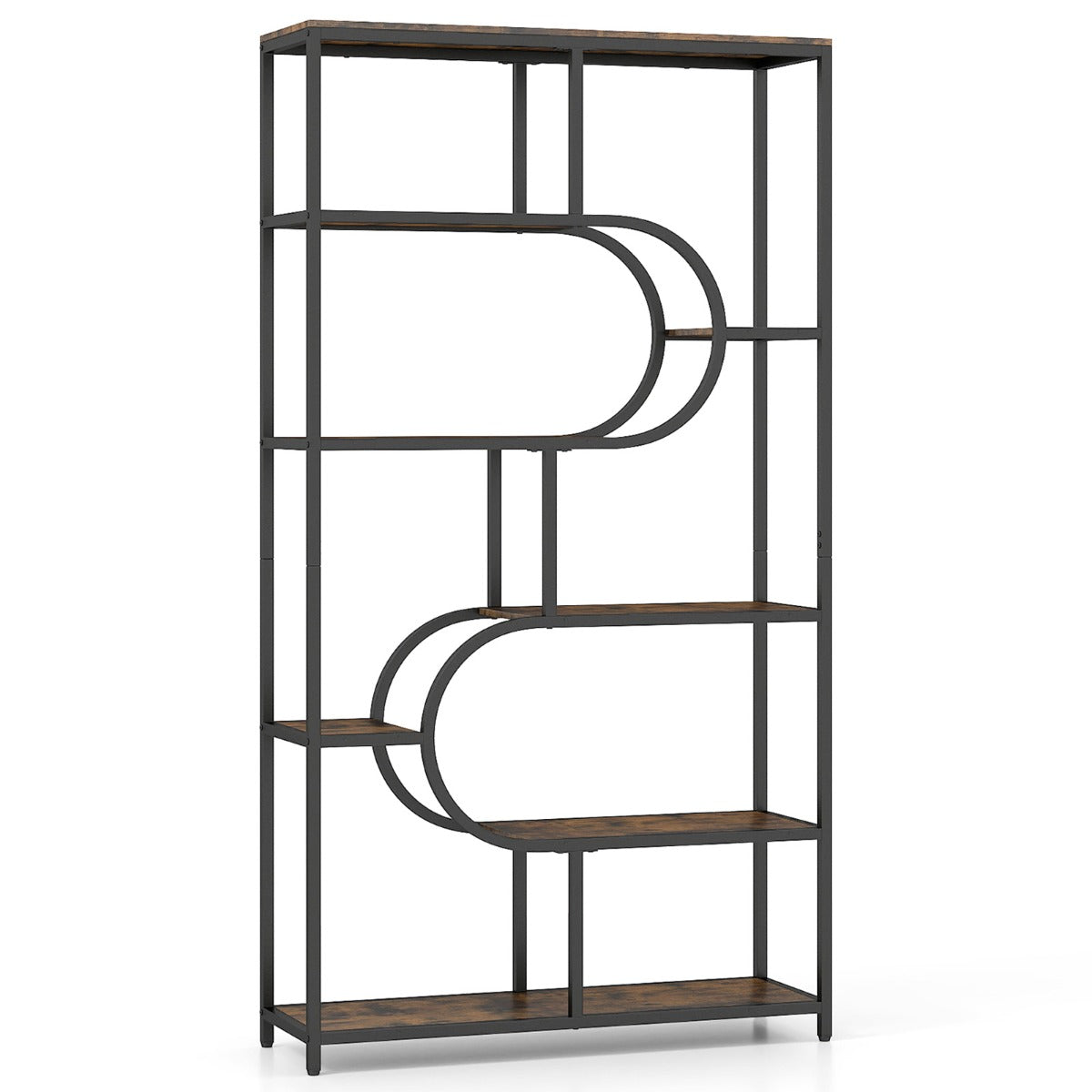 Industrial Etagere Bookcase with Open Storage Shelves and Metal Frame-Natural