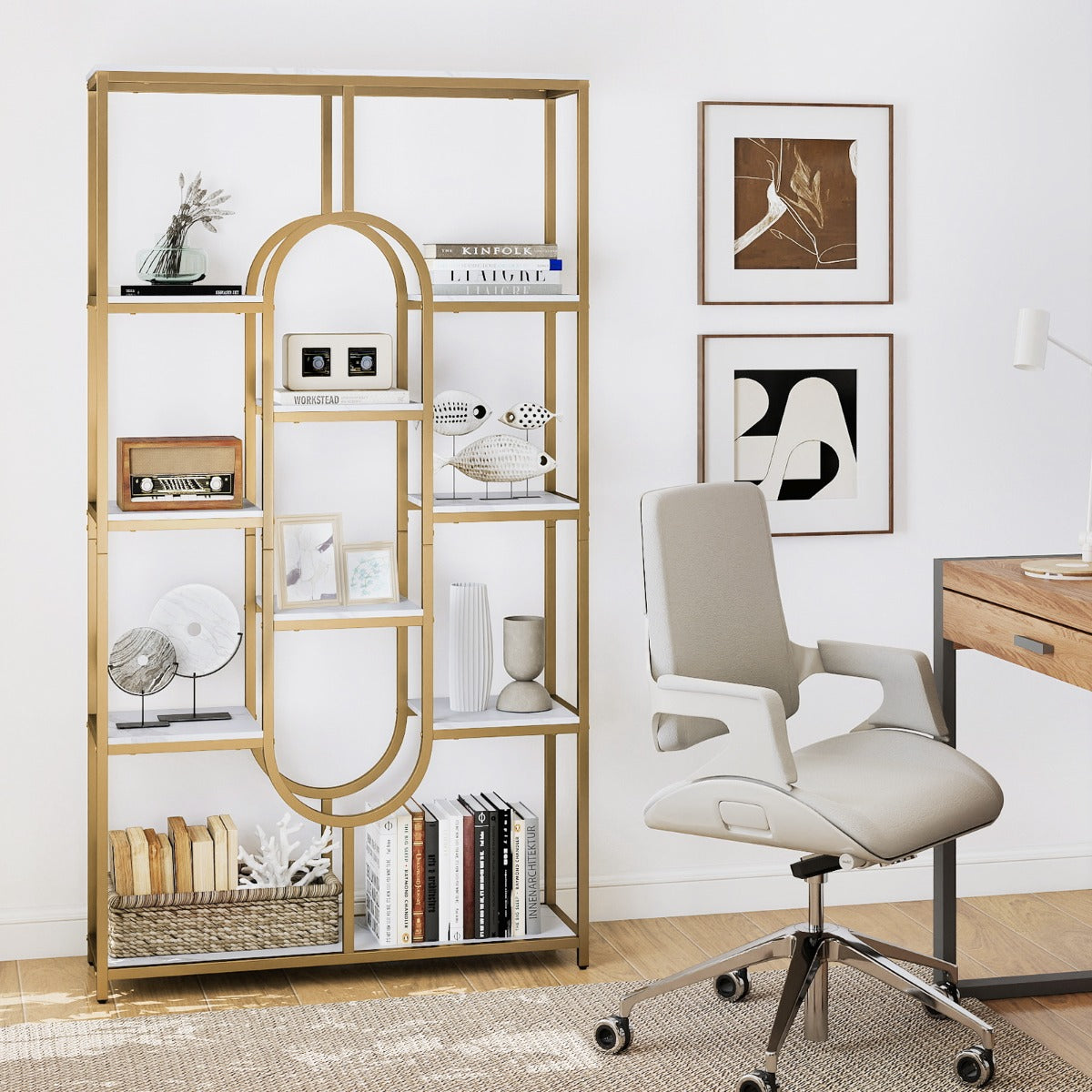 Industrial Etagere Bookcase with Open Storage Shelves and Oval Shape-Rustic Brown
