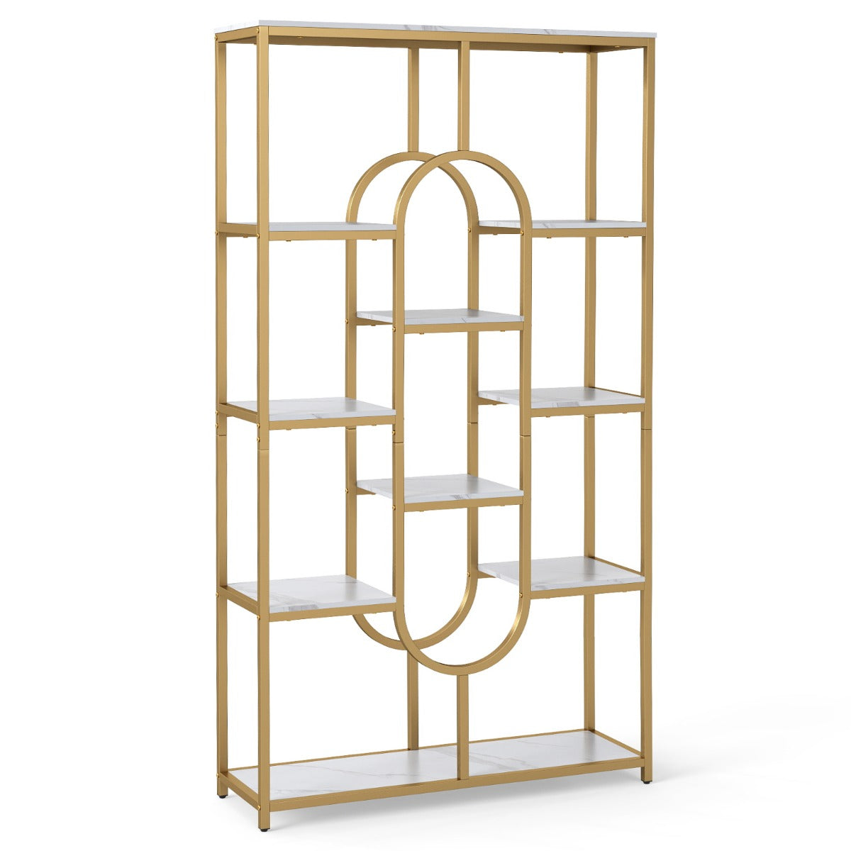 Industrial Etagere Bookcase with Open Storage Shelves and Oval Shape-Rustic Brown
