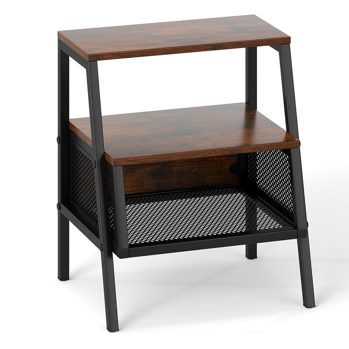 3-Tier Industrial Nightstand with 2 Open Shelves and Metal Mesh Compartment-Rustic Brown