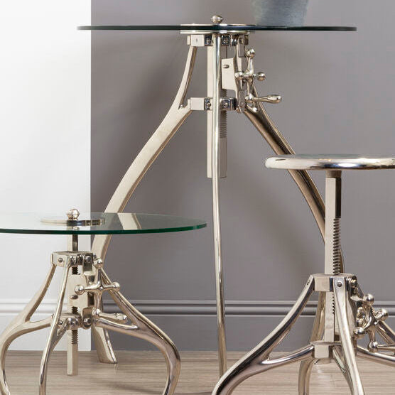 Nickel Finish Crank Mechanism Height Adjustable Table with Clear Glass Top, Maxi