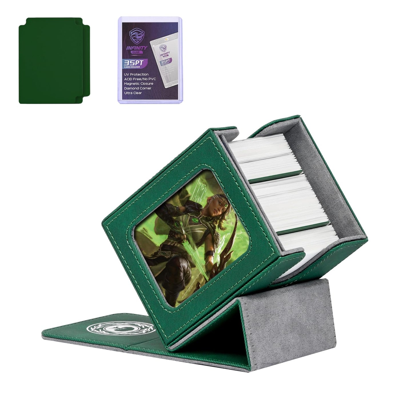 Infinity Guard MtG Deck Box with Commander Display – 100+ Cards, Magnetic Closure, Green & Grey