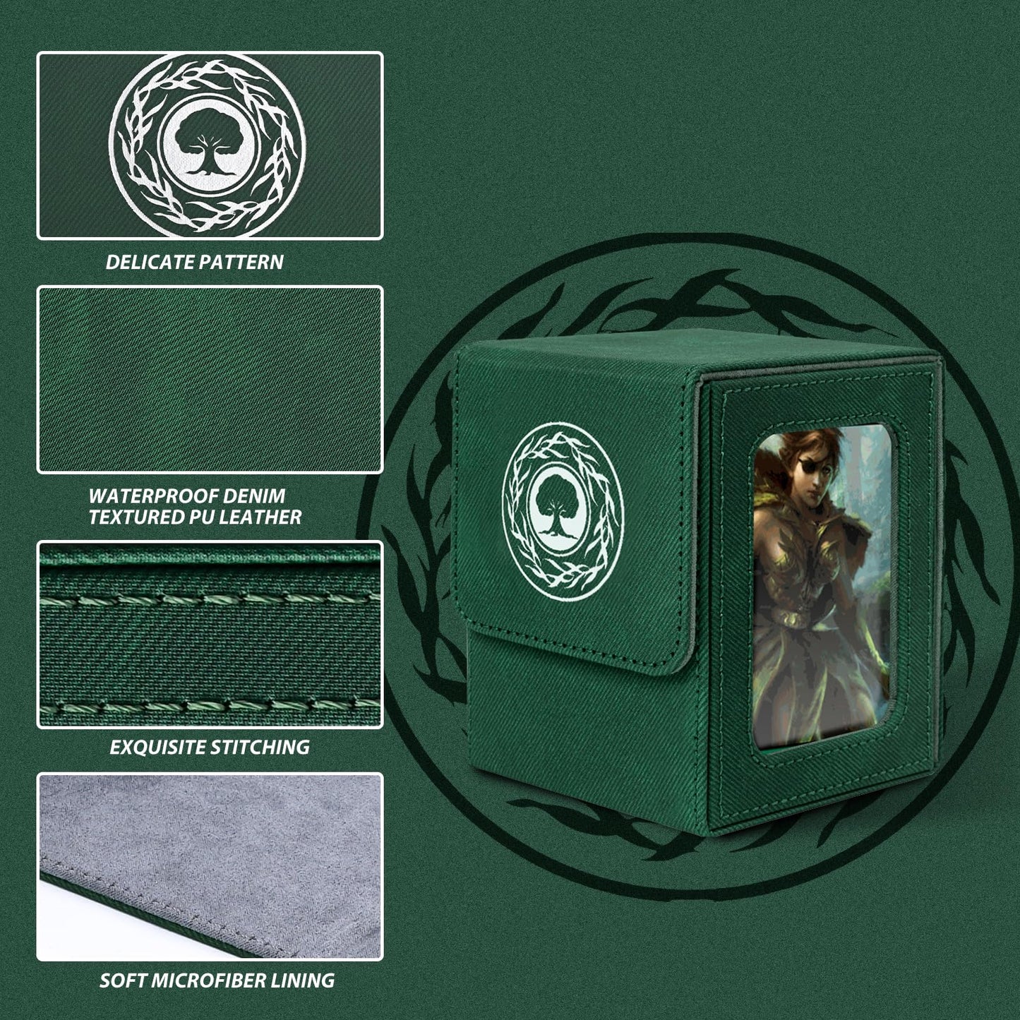 Infinity Guard MtG Deck Box with Commander Display – 100+ Cards, Magnetic Closure, Green & Grey