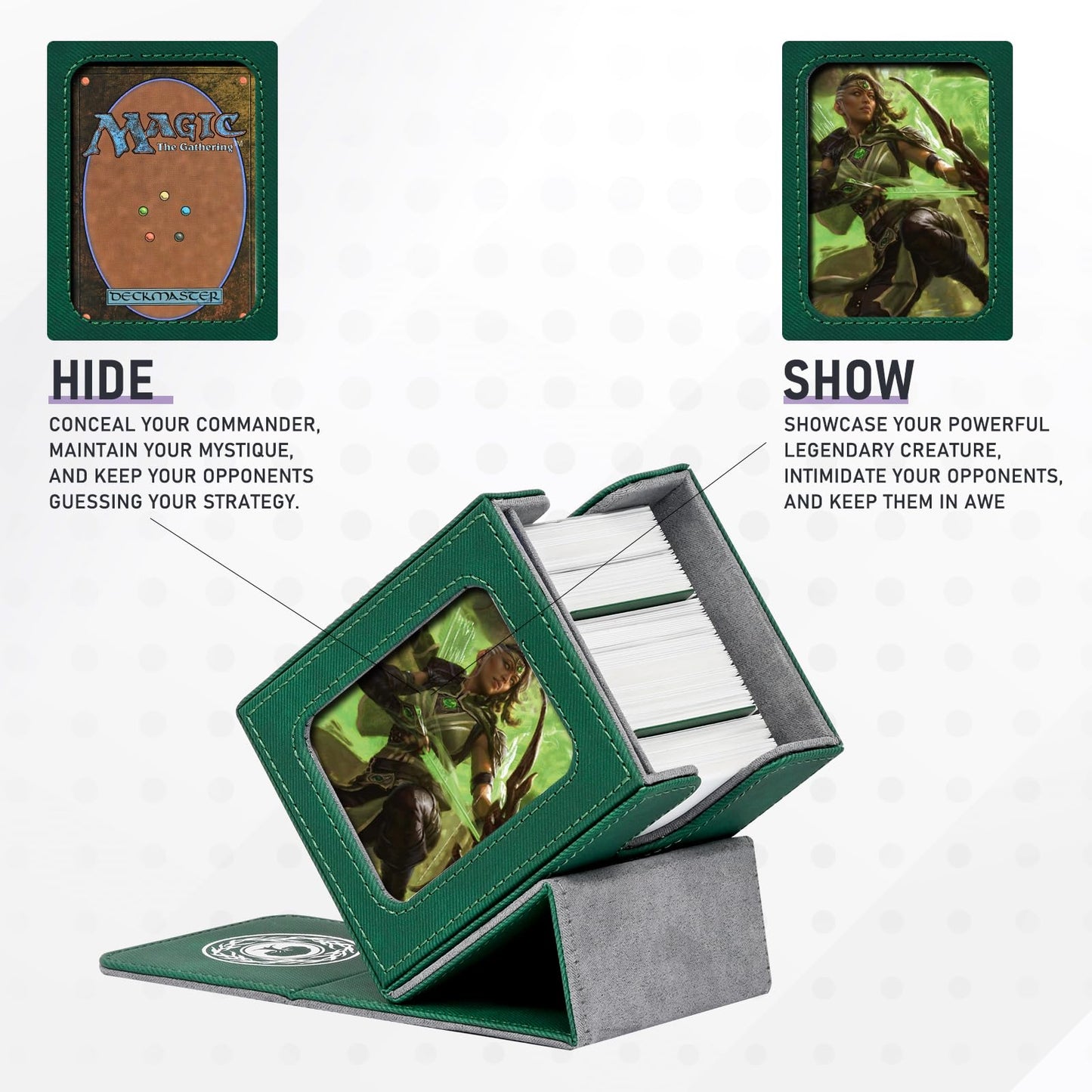 Infinity Guard MtG Deck Box with Commander Display – 100+ Cards, Magnetic Closure, Green & Grey