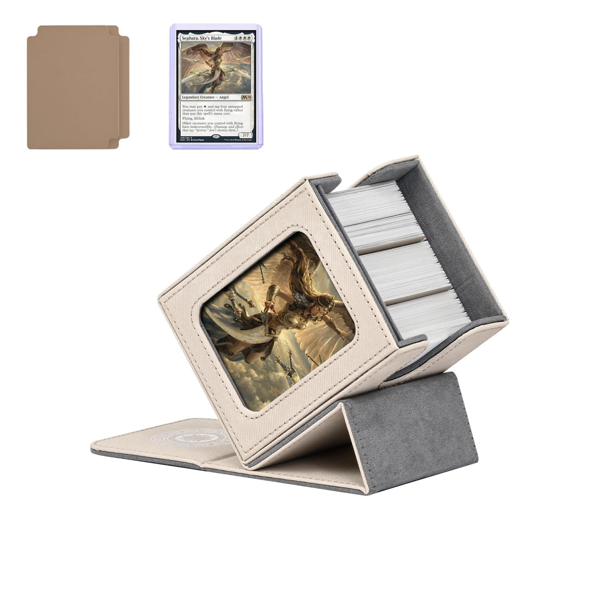Infinity Guard Card Deck Box for MTG with Commander Display - Holds 100+ Double-Sleeved Cards, Magnetic Closure, Sand & Grey