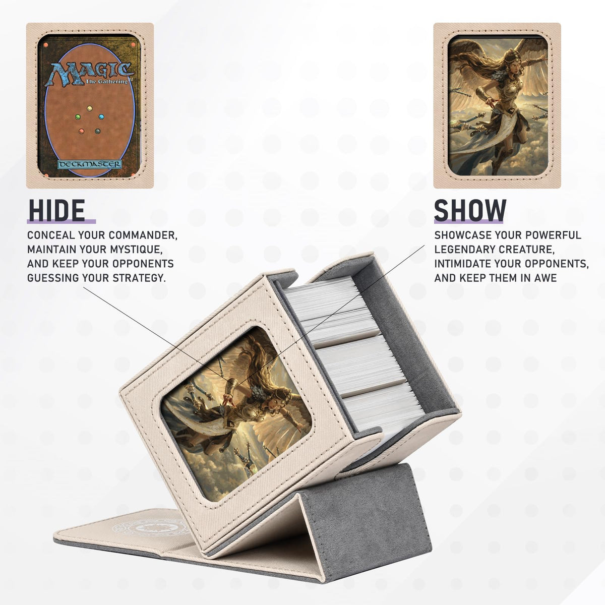 Infinity Guard Card Deck Box for MTG with Commander Display - Holds 100+ Double-Sleeved Cards, Magnetic Closure, Sand & Grey