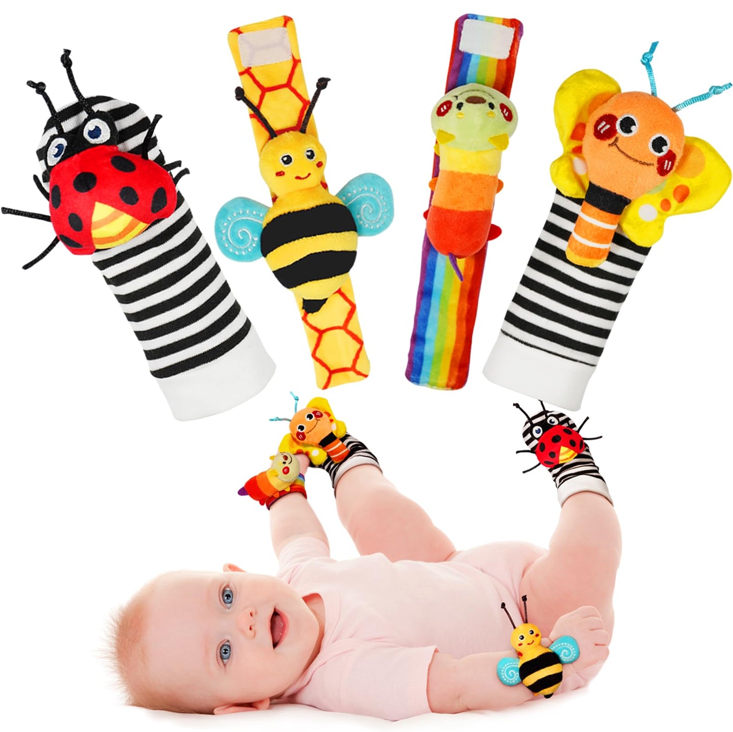 Infinno Baby Wrist Rattle Socks & Foot Finders Set – Bright Sensory Toys for 0-12 Months