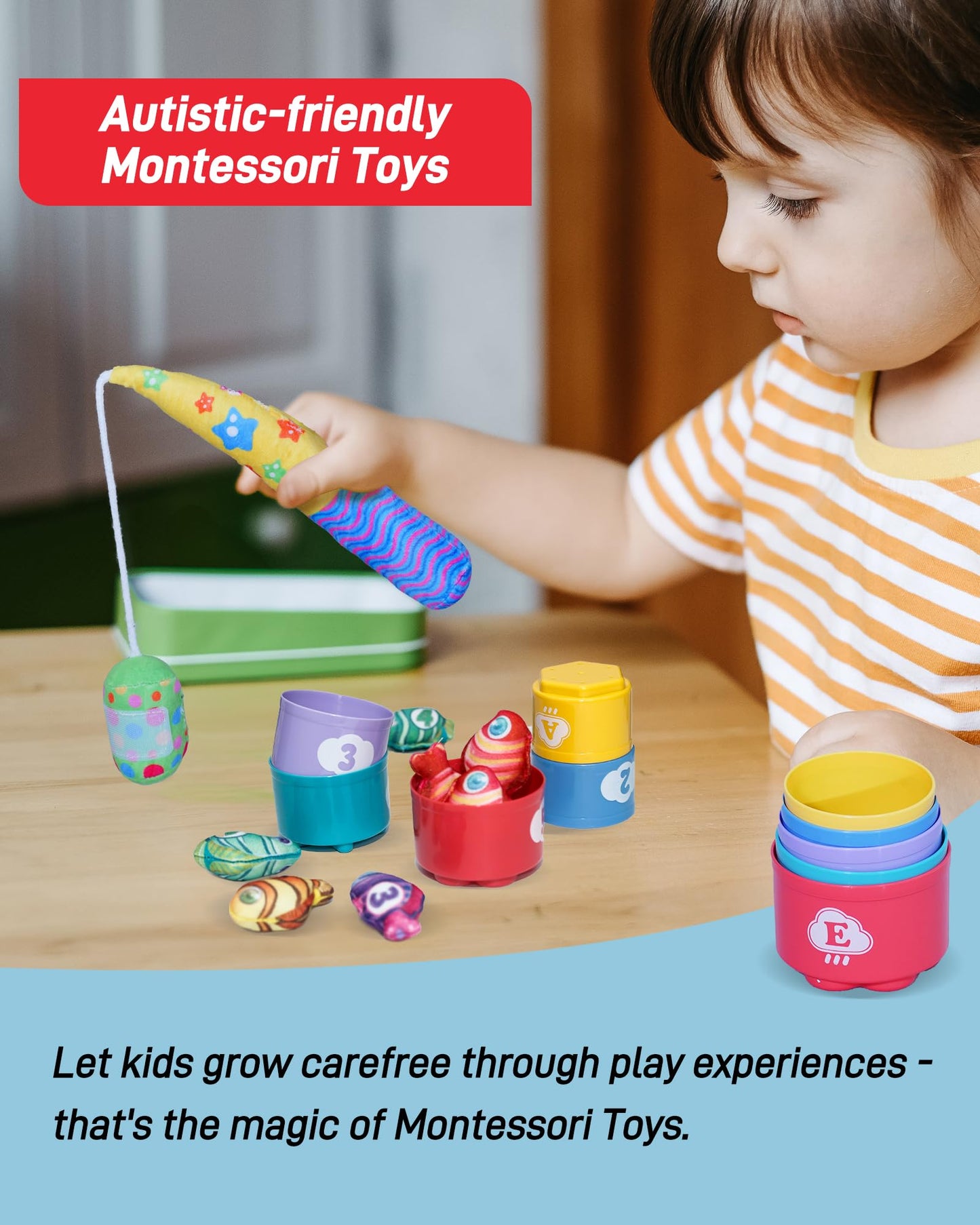 Infinno Count Learning Montessori Toys – 15 Fish, 5 Cups, 2 Rods for 1–3 Year Olds