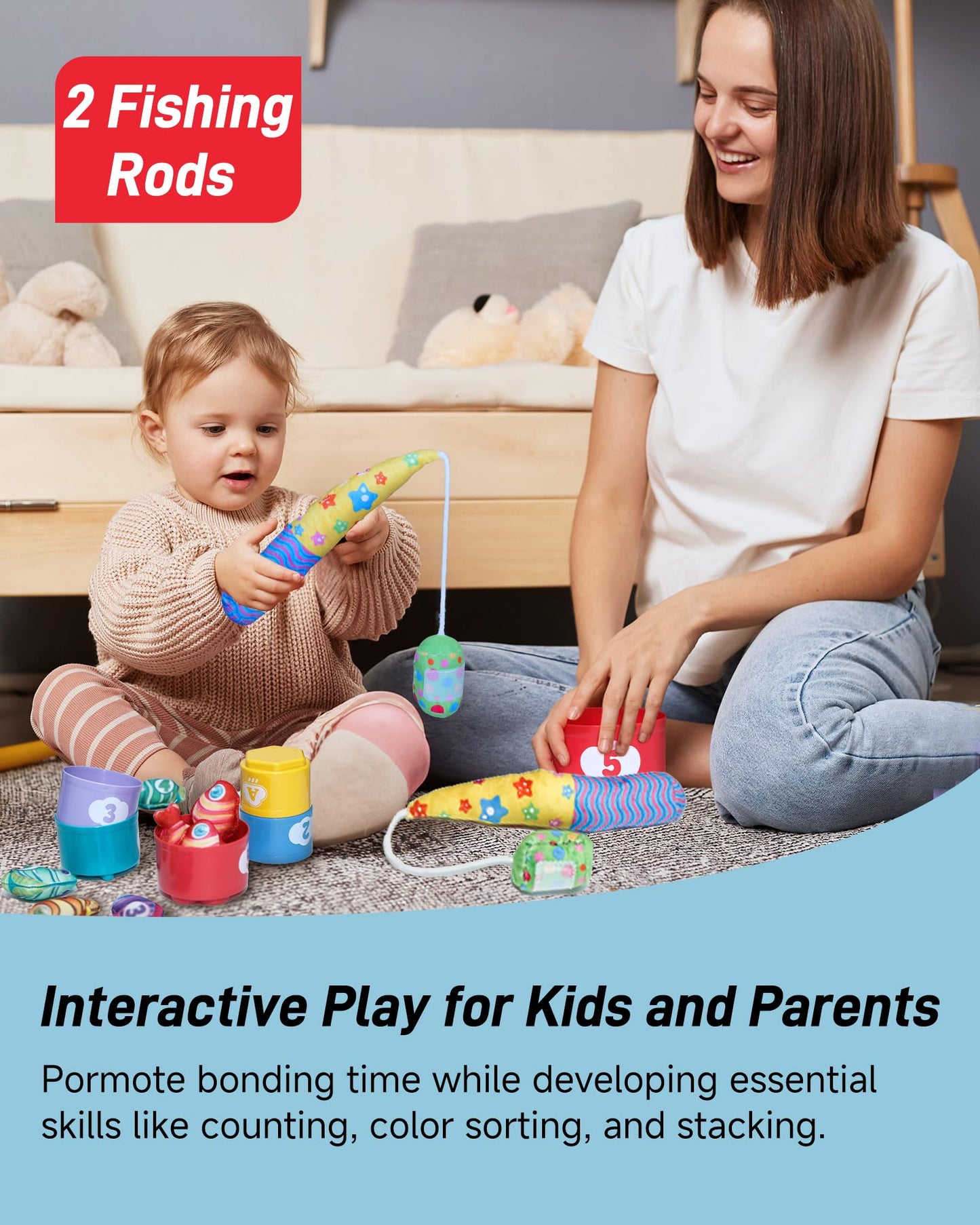 Infinno Count Learning Montessori Toys – 15 Fish, 5 Cups, 2 Rods for 1–3 Year Olds