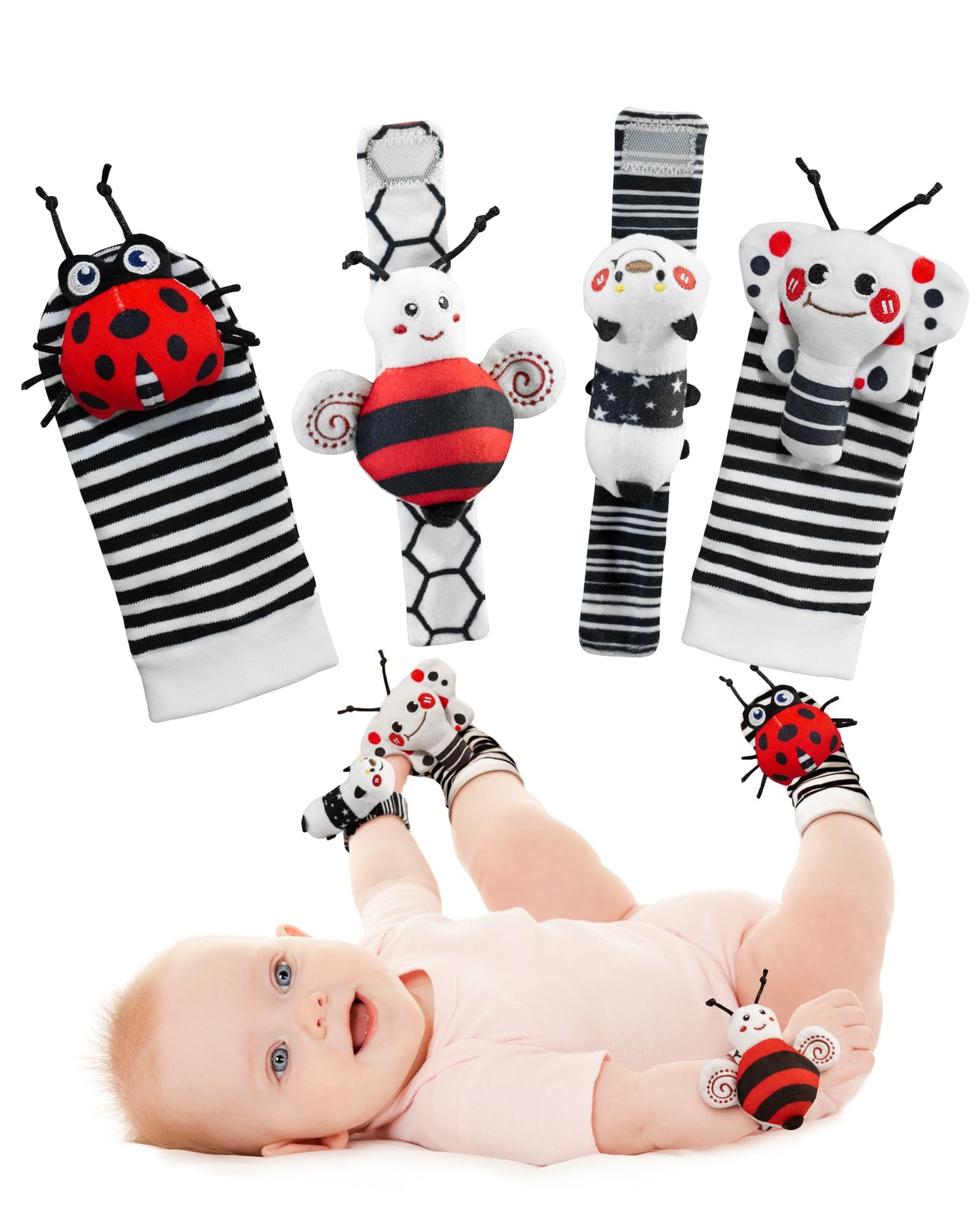 Infinno High-Contrast Baby Rattle Socks & Wrist Rattle Set – 0-12 Months