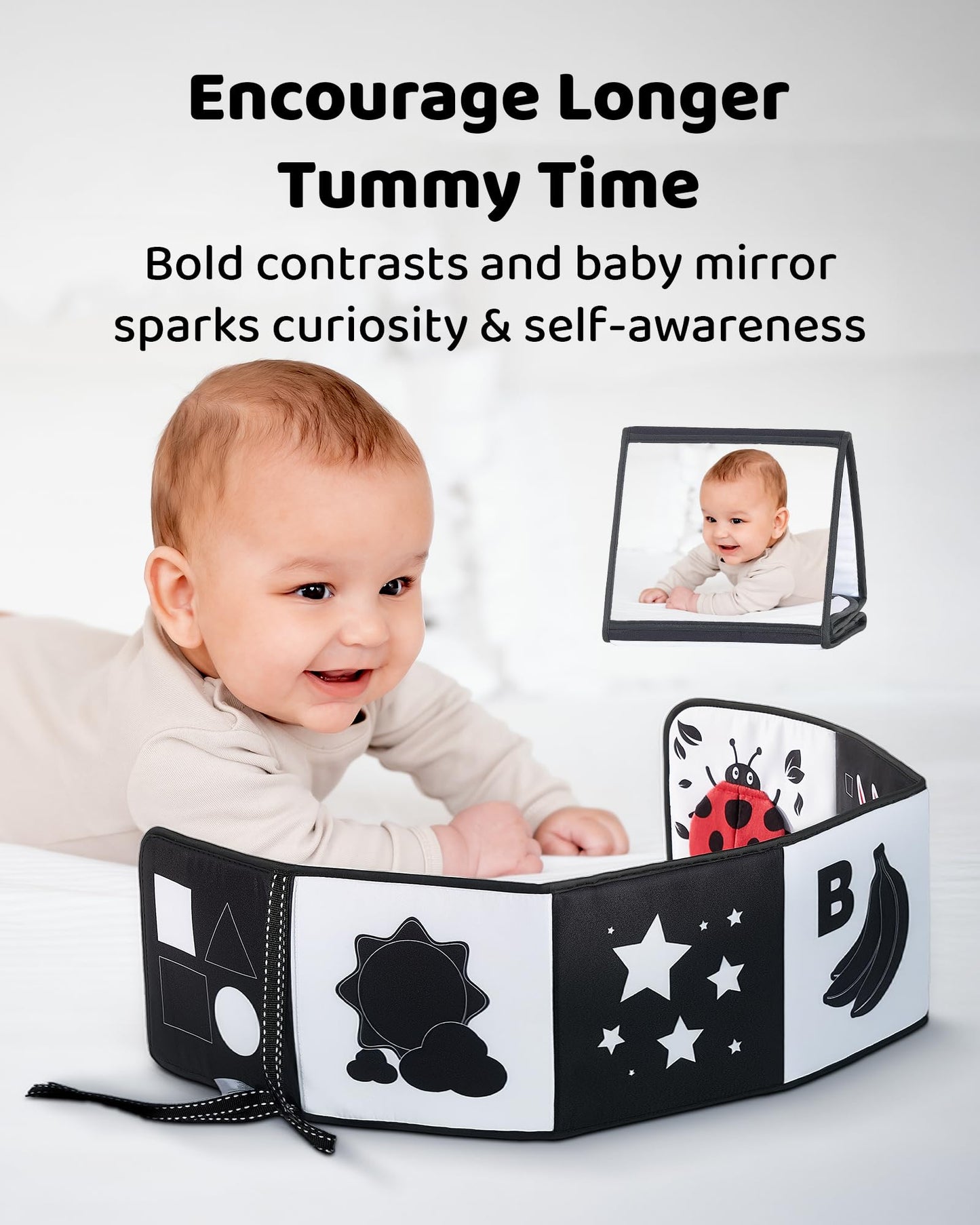 Infinno Black & White Baby Book – Tummy Time Mirror & Sensory Toy (0-6 Months)