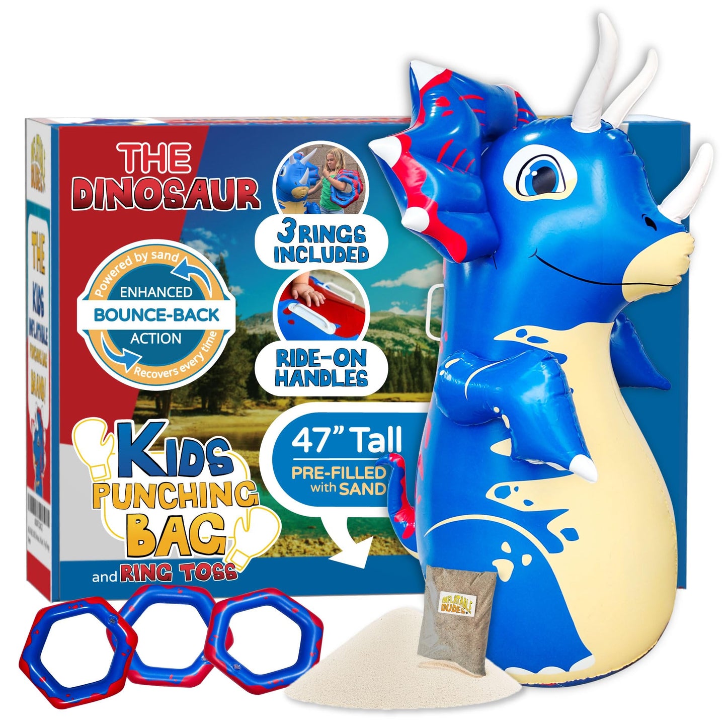 Inflatable Dudes Dinosaur 47-Inch Kids Punching Bag with Rings and Ride-On Handles