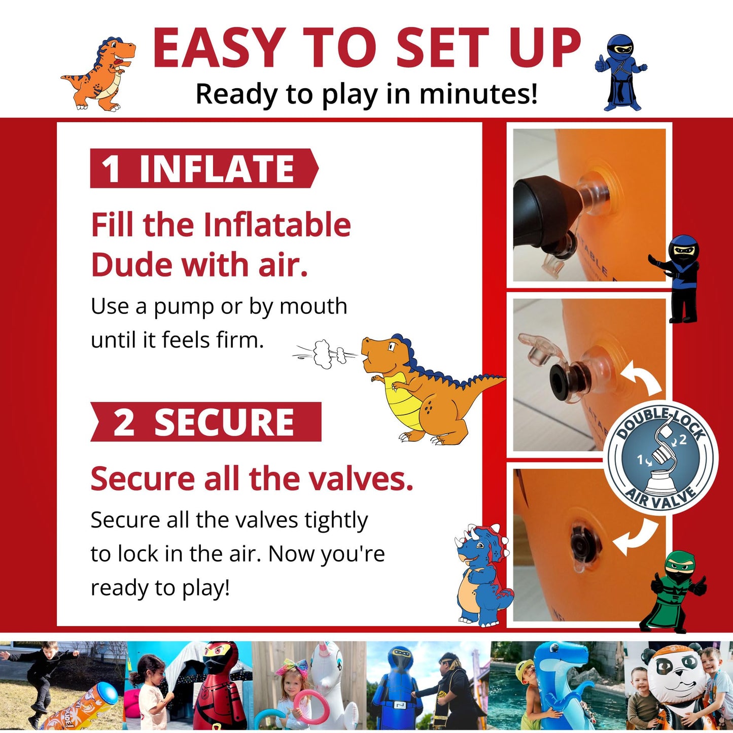 Inflatable Dudes Dinosaur 47-Inch Kids Punching Bag with Rings and Ride-On Handles