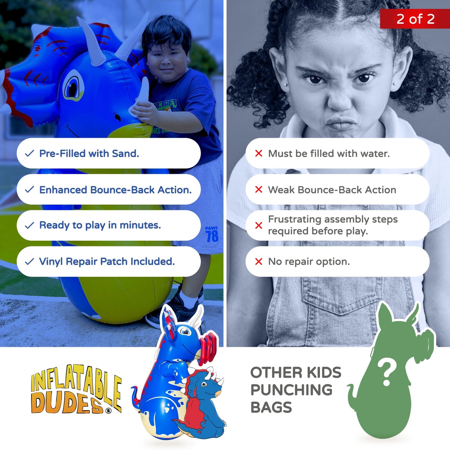 Inflatable Dudes Dinosaur 47-Inch Kids Punching Bag with Rings and Ride-On Handles