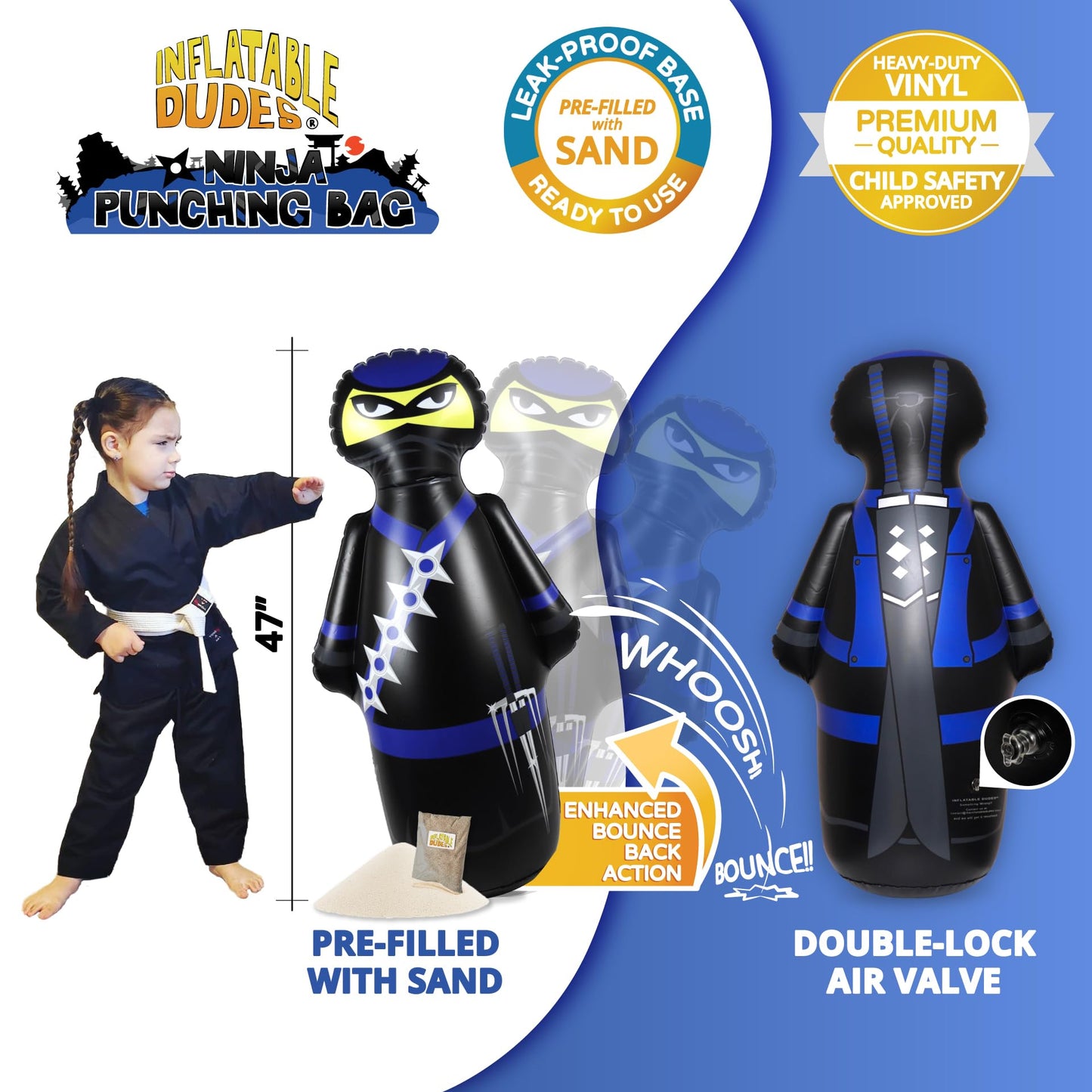 Inflatable Dudes Ninja Toy 47 Inches – Kids Punching Bag, Sand-Filled Bopper for Ninja Parties