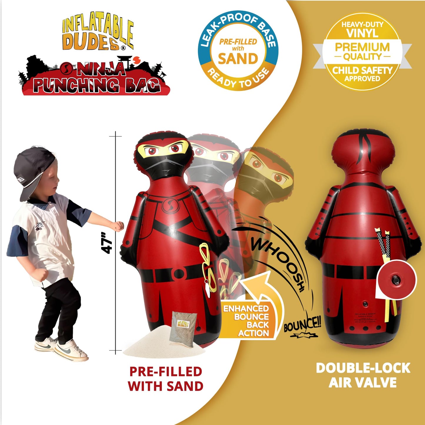 Inflatable Dudes Ninja Toy 47 Inches – Kids Punching Bag with Sand Base