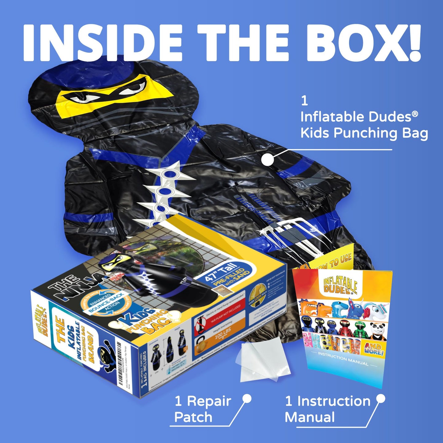 Inflatable Dudes Ninja Toy 47 Inches – Kids Punching Bag, Sand-Filled Bopper for Ninja Parties