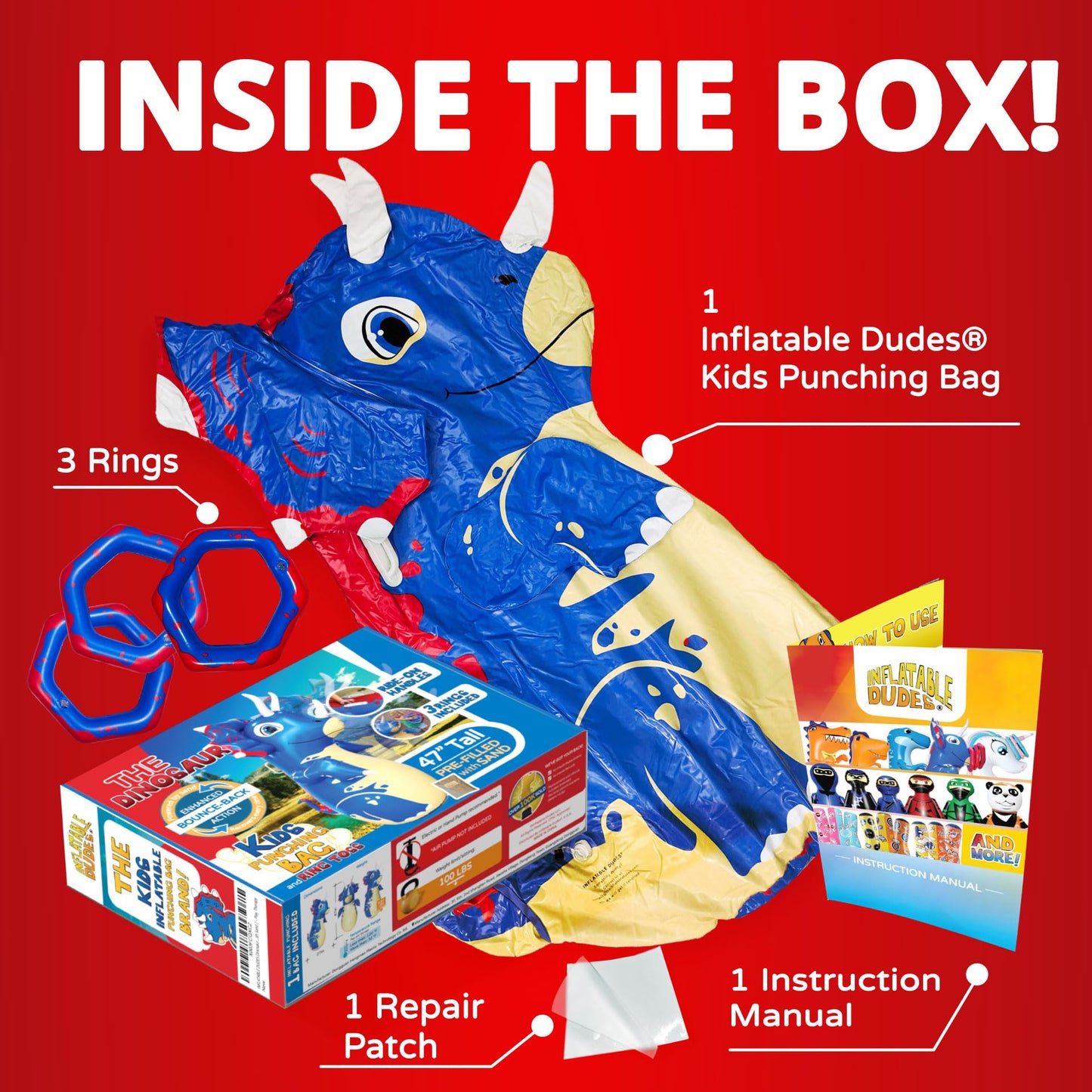 Inflatable Dudes Dinosaur 47-Inch Kids Punching Bag with Rings and Ride-On Handles