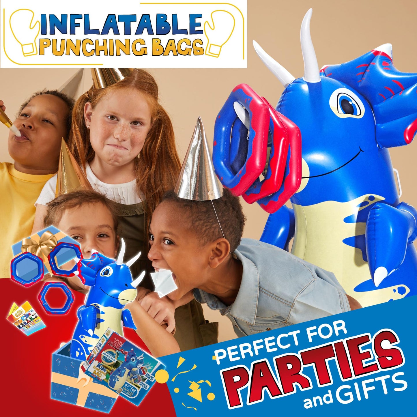 Inflatable Dudes Dinosaur 47-Inch Kids Punching Bag with Rings and Ride-On Handles