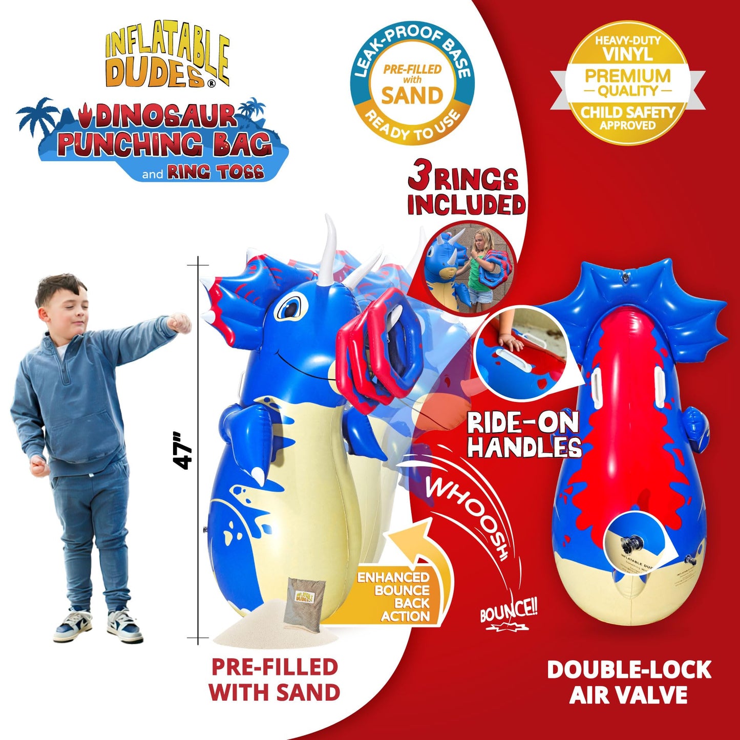 Inflatable Dudes Dinosaur 47-Inch Kids Punching Bag with Rings and Ride-On Handles