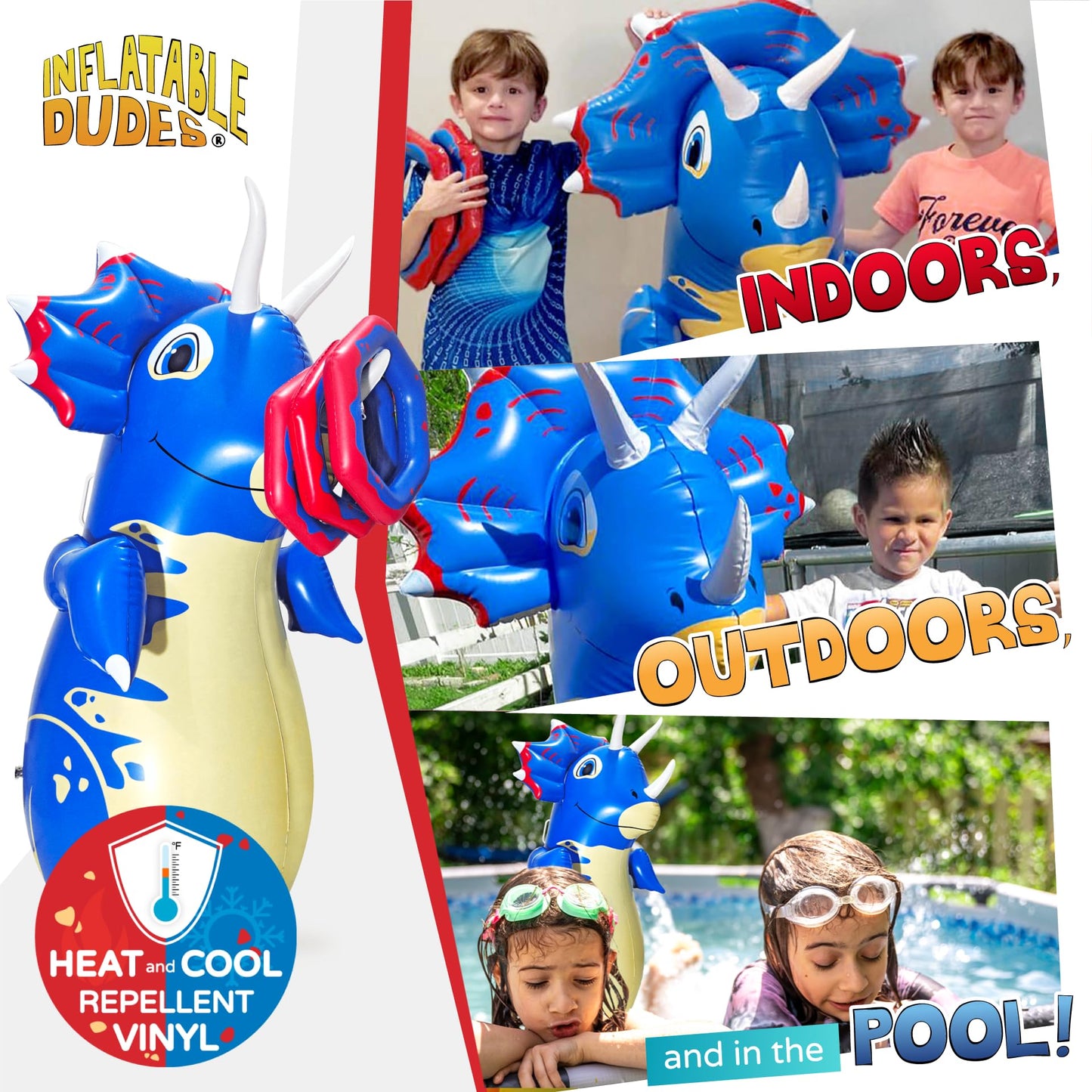 Inflatable Dudes Dinosaur 47-Inch Kids Punching Bag with Rings and Ride-On Handles