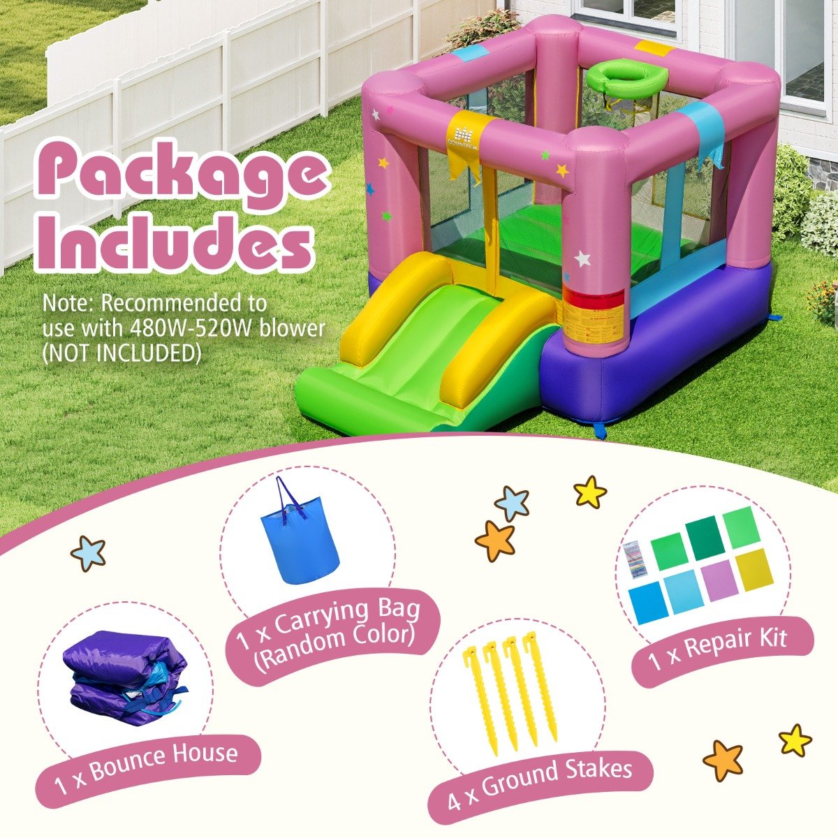 Inflatable Bounce House with Slide & Basketball Rim