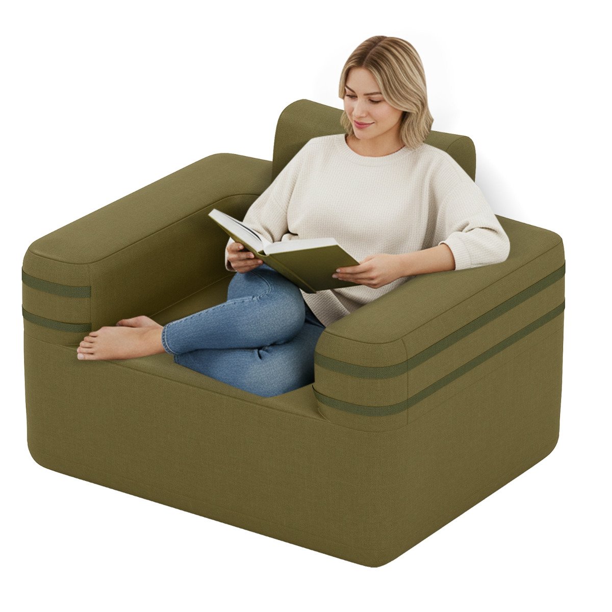 Inflatable Camping Chair Portable Sofa Chair with Built-in Air Pump-Green